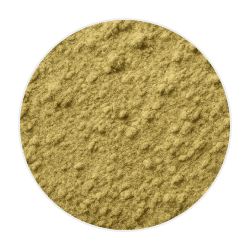 Light brown hemp meal powder with a slightly coarse texture, formed in a circular mound on a plain background
