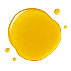 Bright yellow linoleic acid oil with a glossy, smooth texture and small droplets on a clean white background