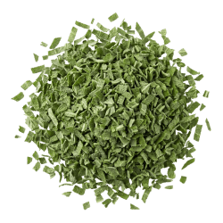 Finely chopped dried sage leaves, green and rough in texture, piled in a small mound on a white background