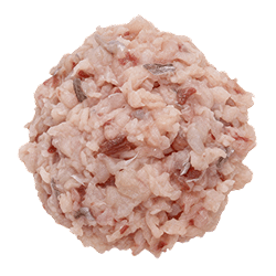 Finely minced catfish with pale pink and white colours and a soft, moist texture, ideal as fresh dog food ingredient