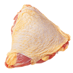 Raw chicken thigh with pale yellow skin, visible fat and pink flesh, fresh and suitable for homemade dog food recipes