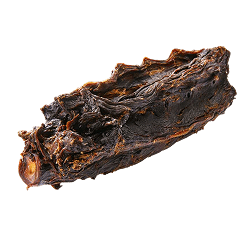 Dark brown, dried kangaroo lumbar dog treat with rough texture and visible bone, ideal for natural chewing