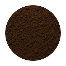 Fine, dark brown deglycyrrhizinated liquorice powder with a slightly grainy texture, displayed in a circular mound