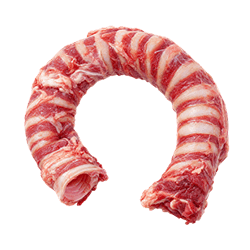 Raw beef trachea with a curved, tubular shape, red meat and white fat, suitable as a natural dog treat