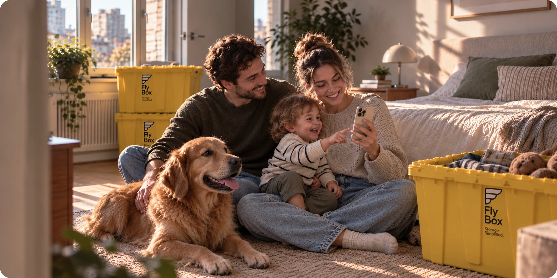A family relaxing at home with their dog and yellow FlyBoxes