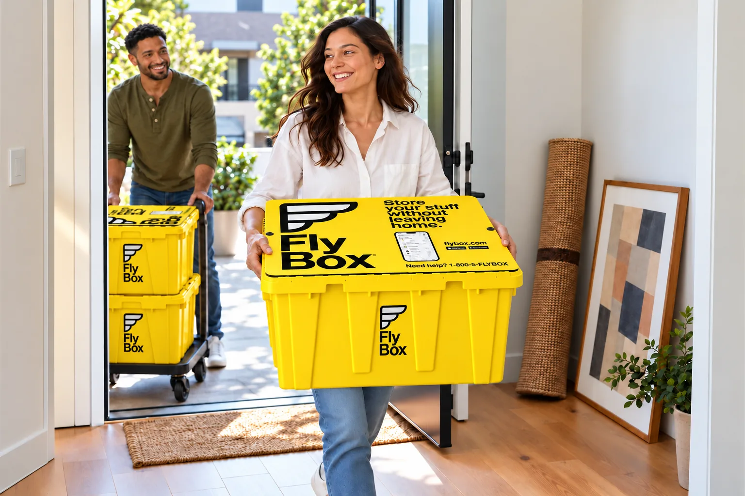 A woman carrying a FlyBox inside while a brown-skinned man brings two more to the door