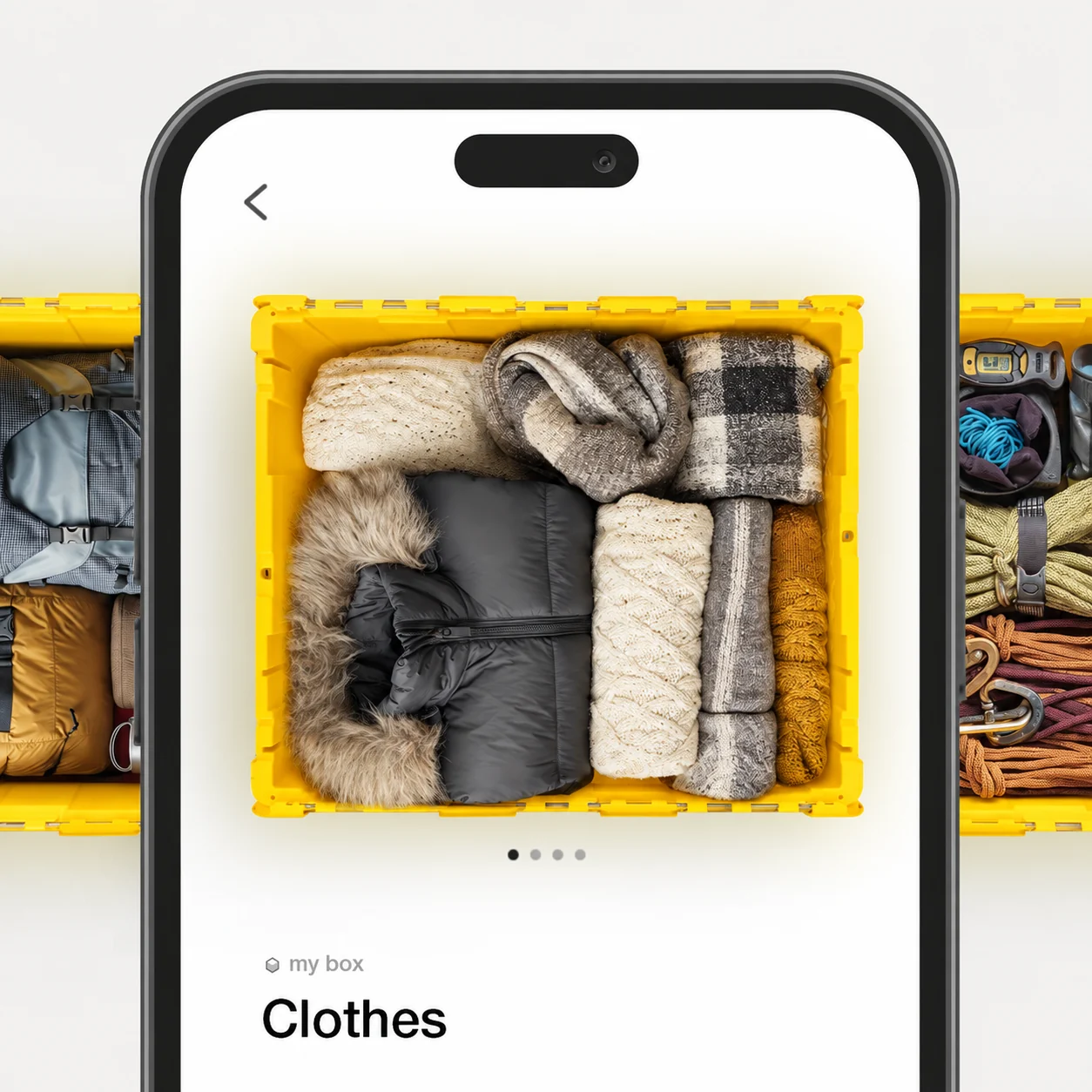 FlyBox app view of a Clothes FlyBox, with folded clothing pictured inside