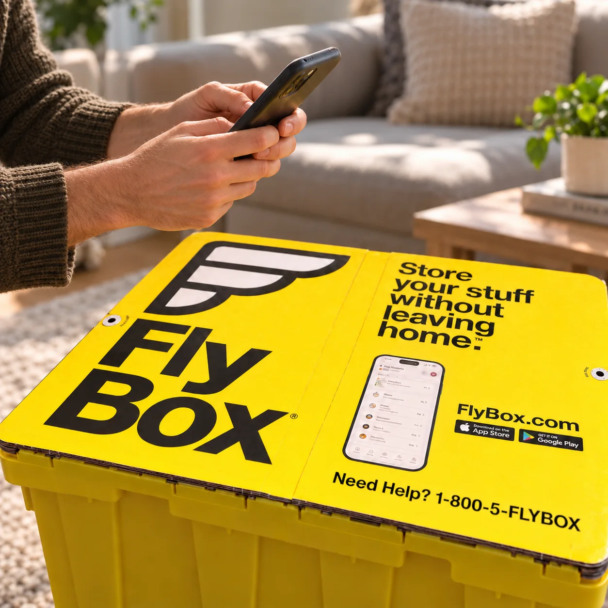 Man using the FlyBox app beside a FlyBox with its yellow return topper
