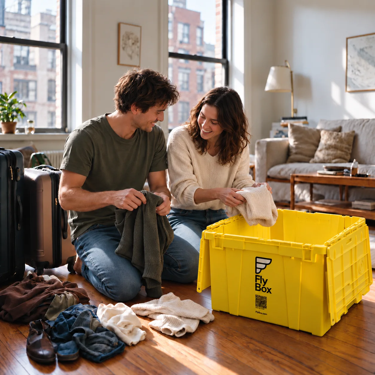 A smiling couple packing clothes together into a yellow FlyBox