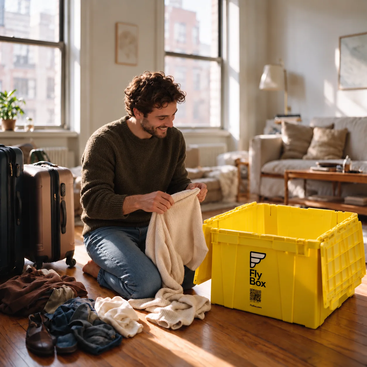 A smiling man packing clothes into a yellow FlyBox at home