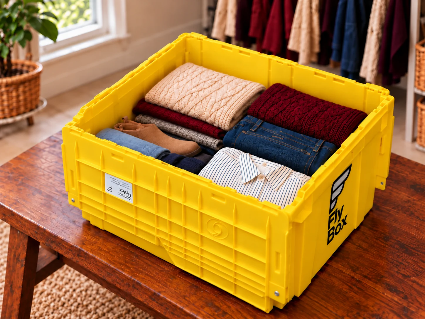 The same closet essentials packed in an open FlyBox