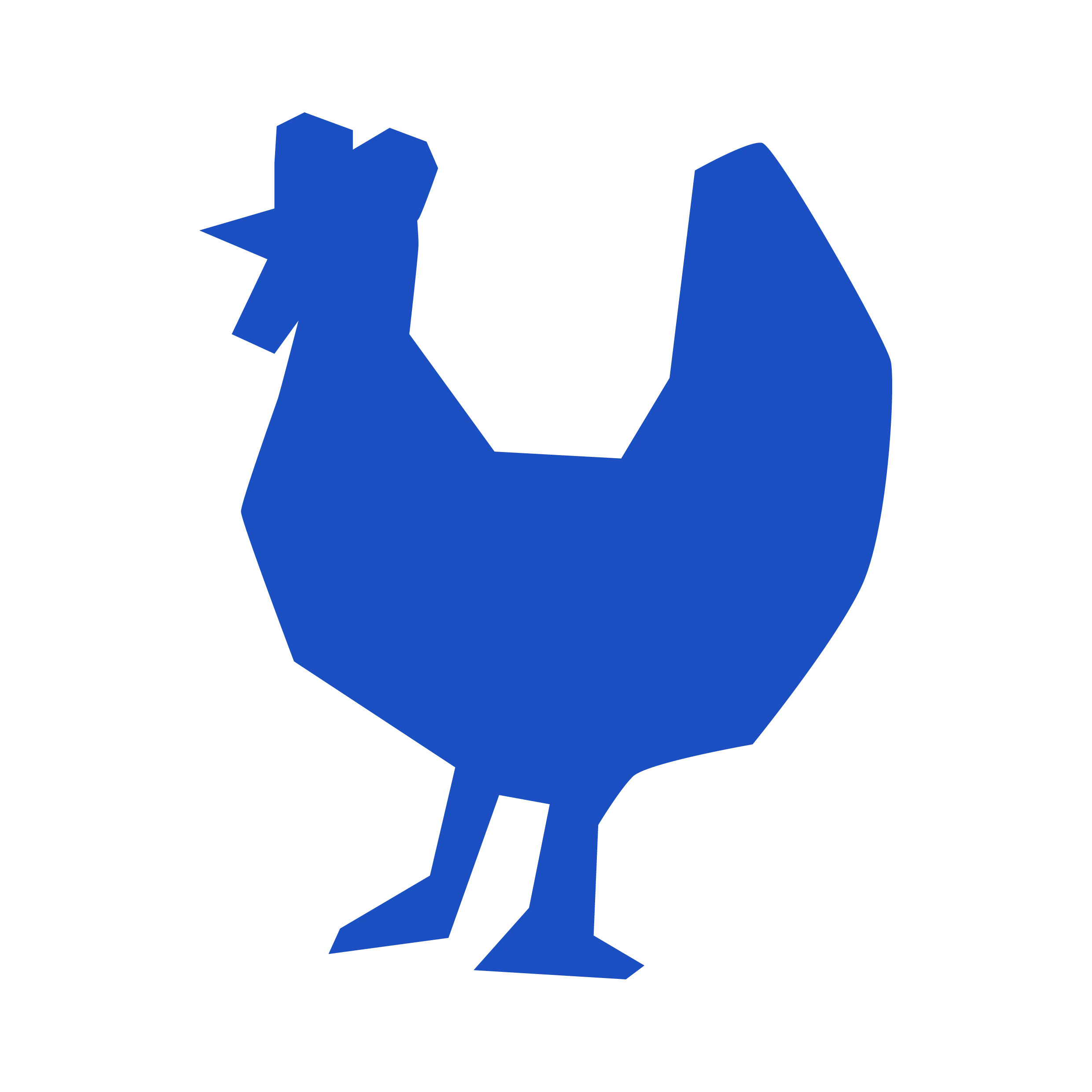 a stylized blue silhouette of a rooster. 