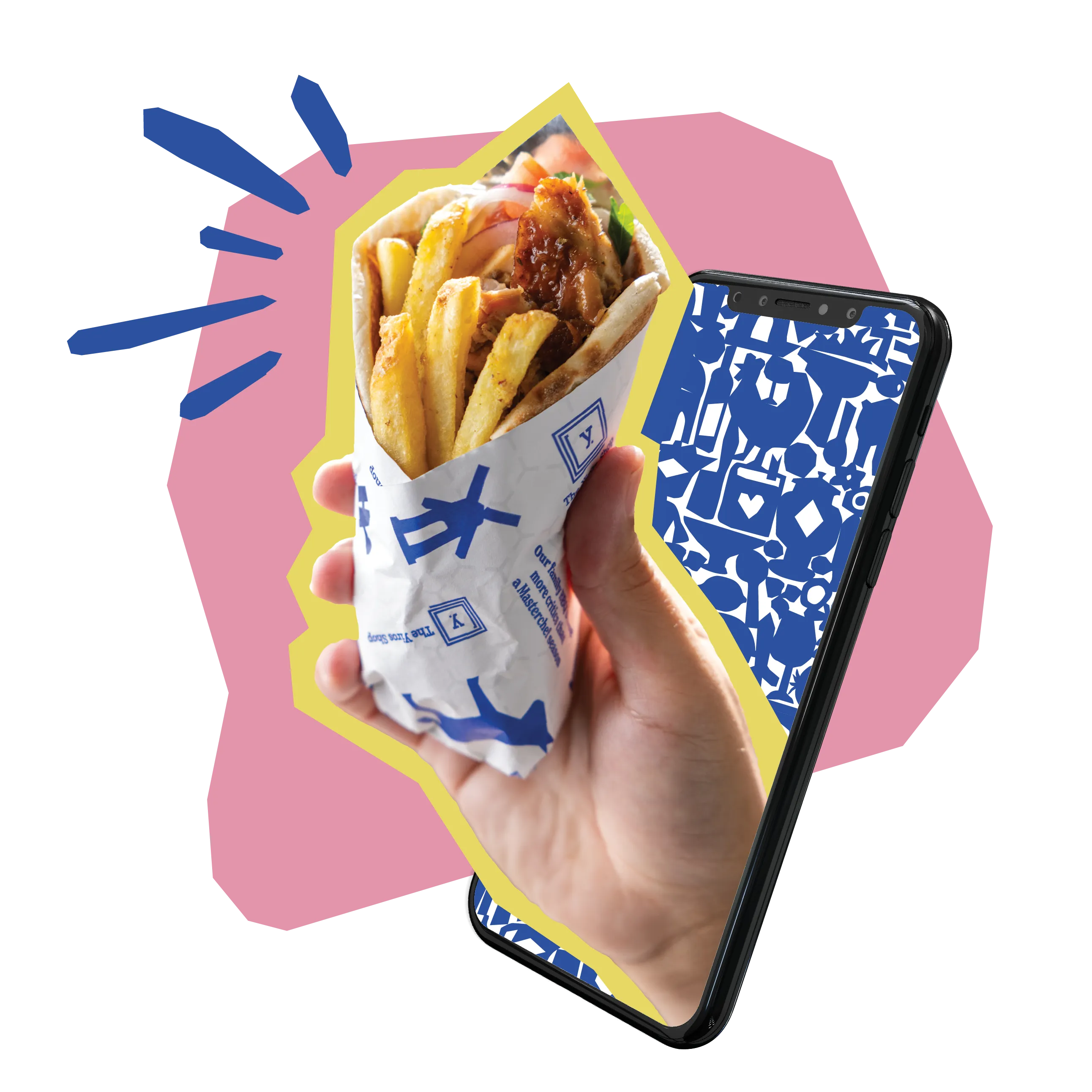 a photo of a hand coming out of a smartphone holding a mini yiros