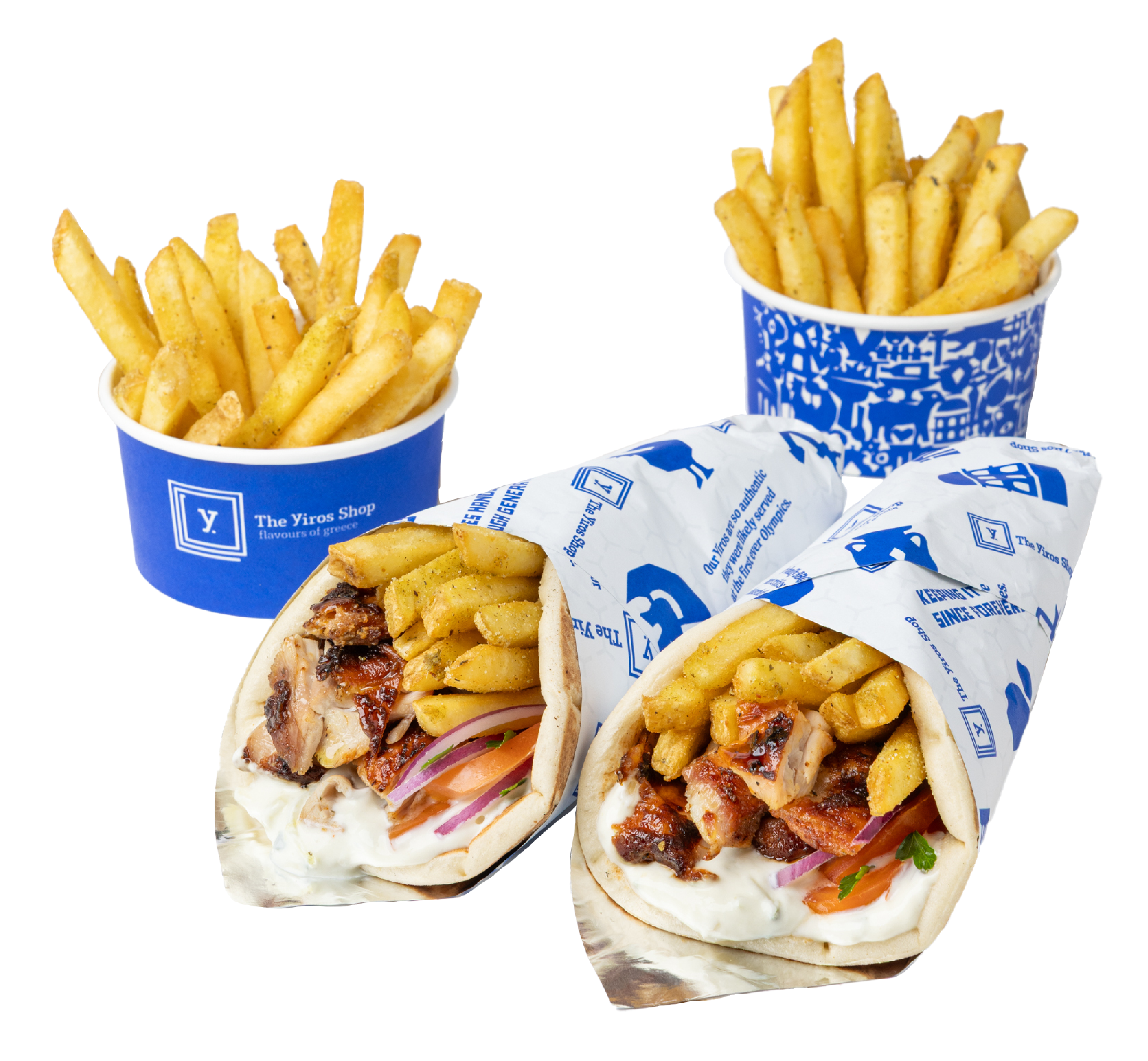 The image displays a classic Greek fast-food meal featuring yiros