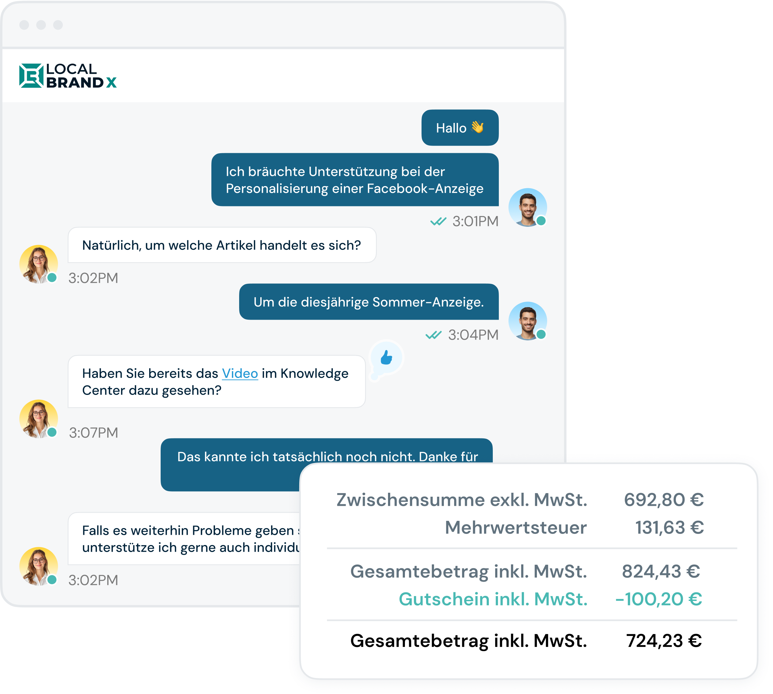 Chat-Support zur Facebook-Anzeige bei LocalBrandX mit eingeblendeter Rechnungsübersicht inklusive Steuer und Gutscheinabzug