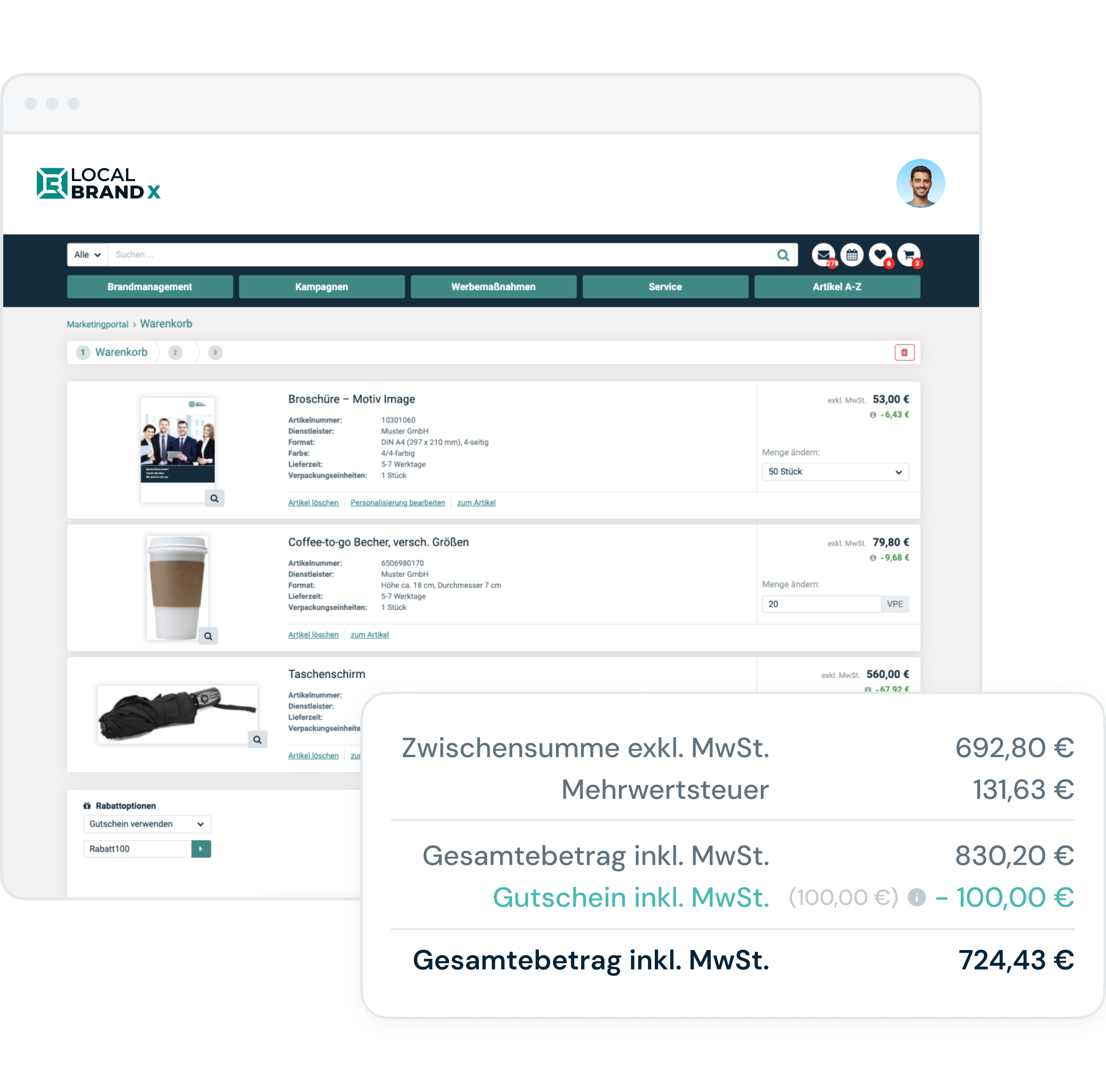 Screenshot eines Online-Marketingportals mit gefülltem Warenkorb: Artikel wie Broschüre, Coffee-to-go-Becher und Taschenschirm werden angezeigt. Rechts unten ist die Preisübersicht mit Gutscheinabzug zu sehen
