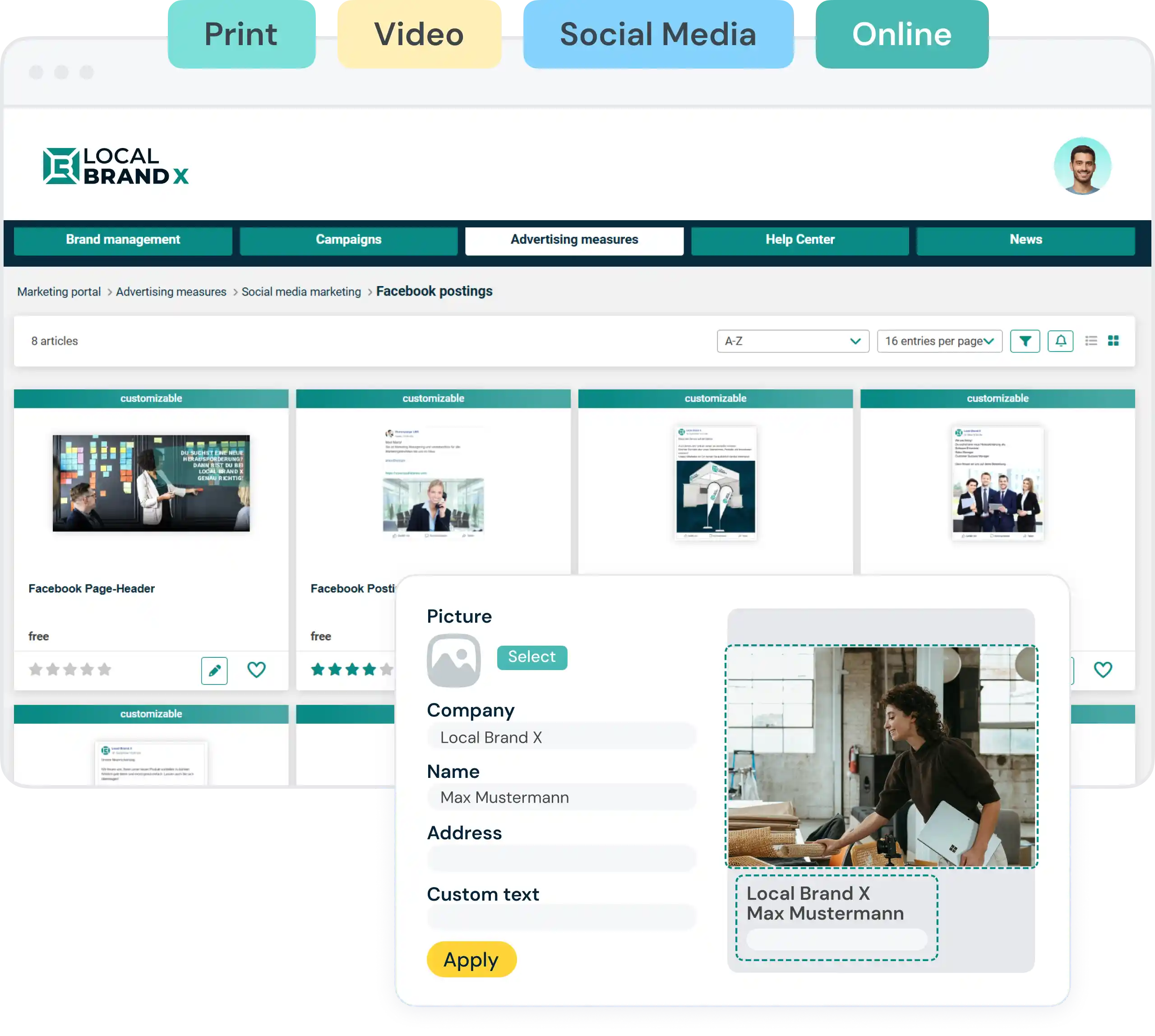 LocalBrandX user interface for customizing Facebook posts with image and text editing