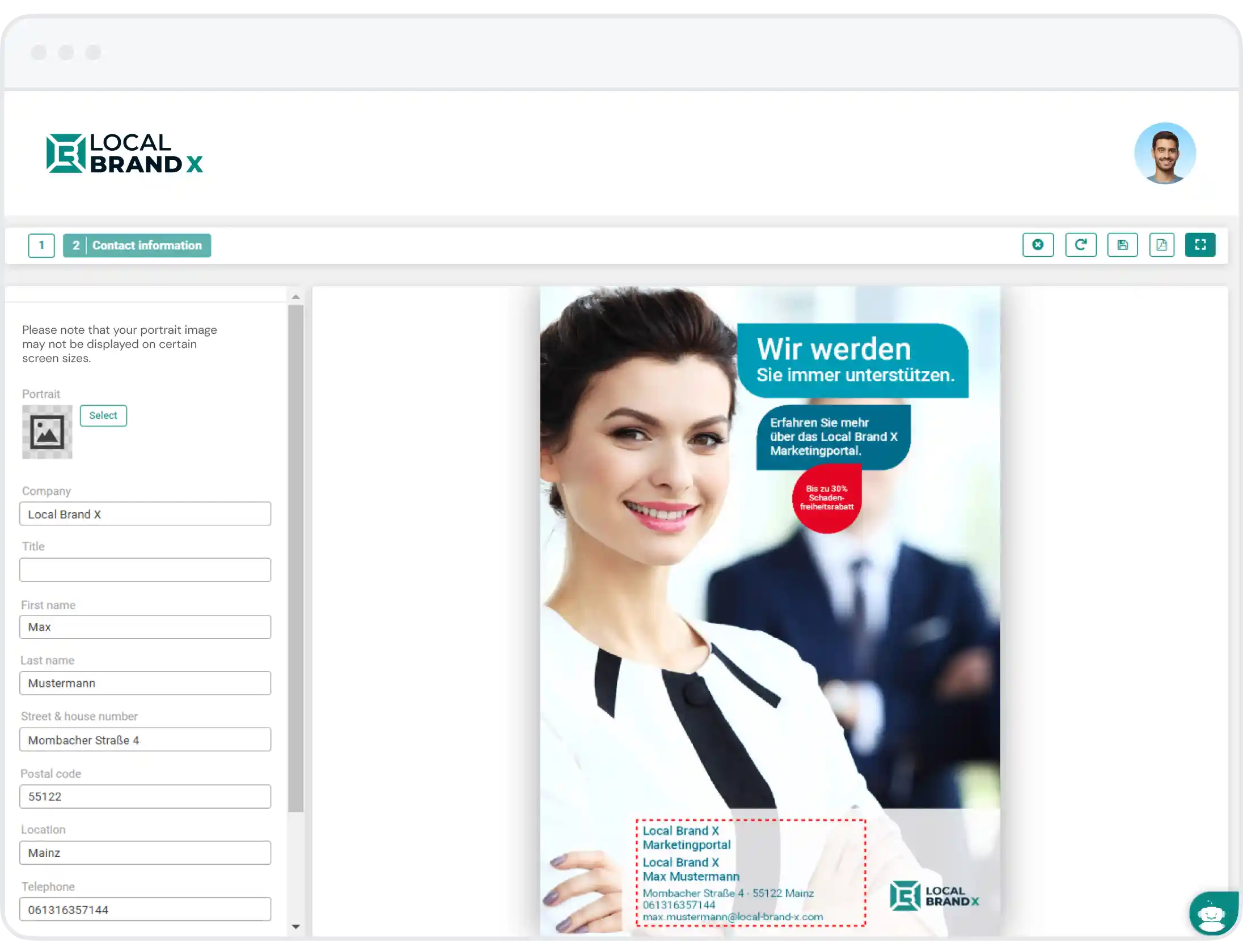 Local Brand X platform user interface for creating personalized advertising materials. On the left, a form for entering contact details, on the right, a preview of an advertising flyer with the slogan 'We will always support you' and the registered contact information of Max Mustermann.