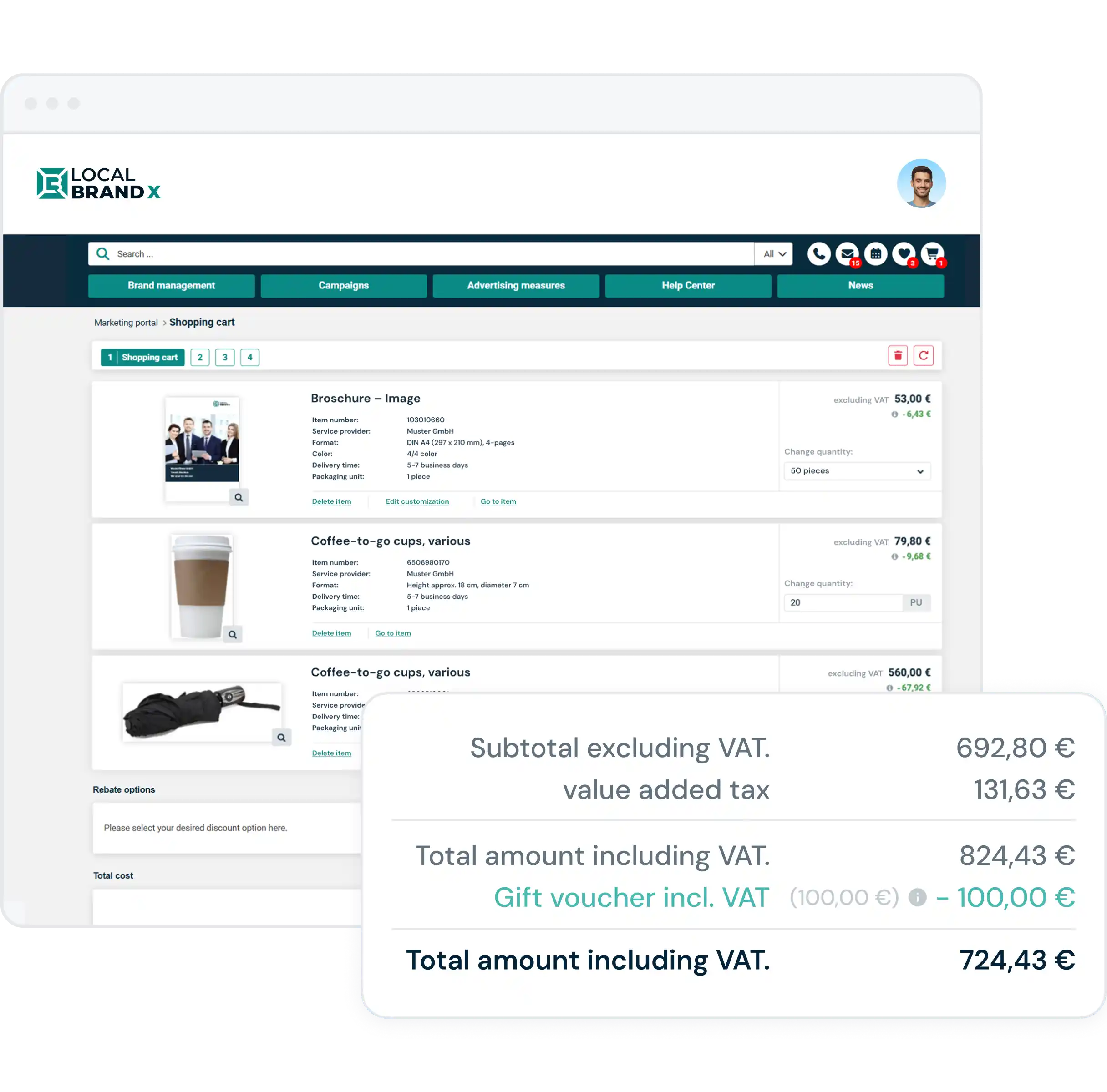 Screenshot of an online marketing portal with a full shopping cart: Items such as brochures, coffee-to-go cups and pocket umbrella are displayed. The price overview with voucher deduction can be seen at the bottom right