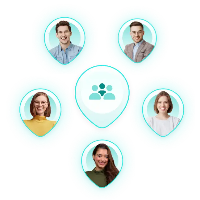 Grafik mit fünf Personenporträts in tropfenförmigen Rahmen, die um ein zentrales Teamwork-Icon angeordnet sind und ein Netzwerk lokaler Partner symbolisieren
