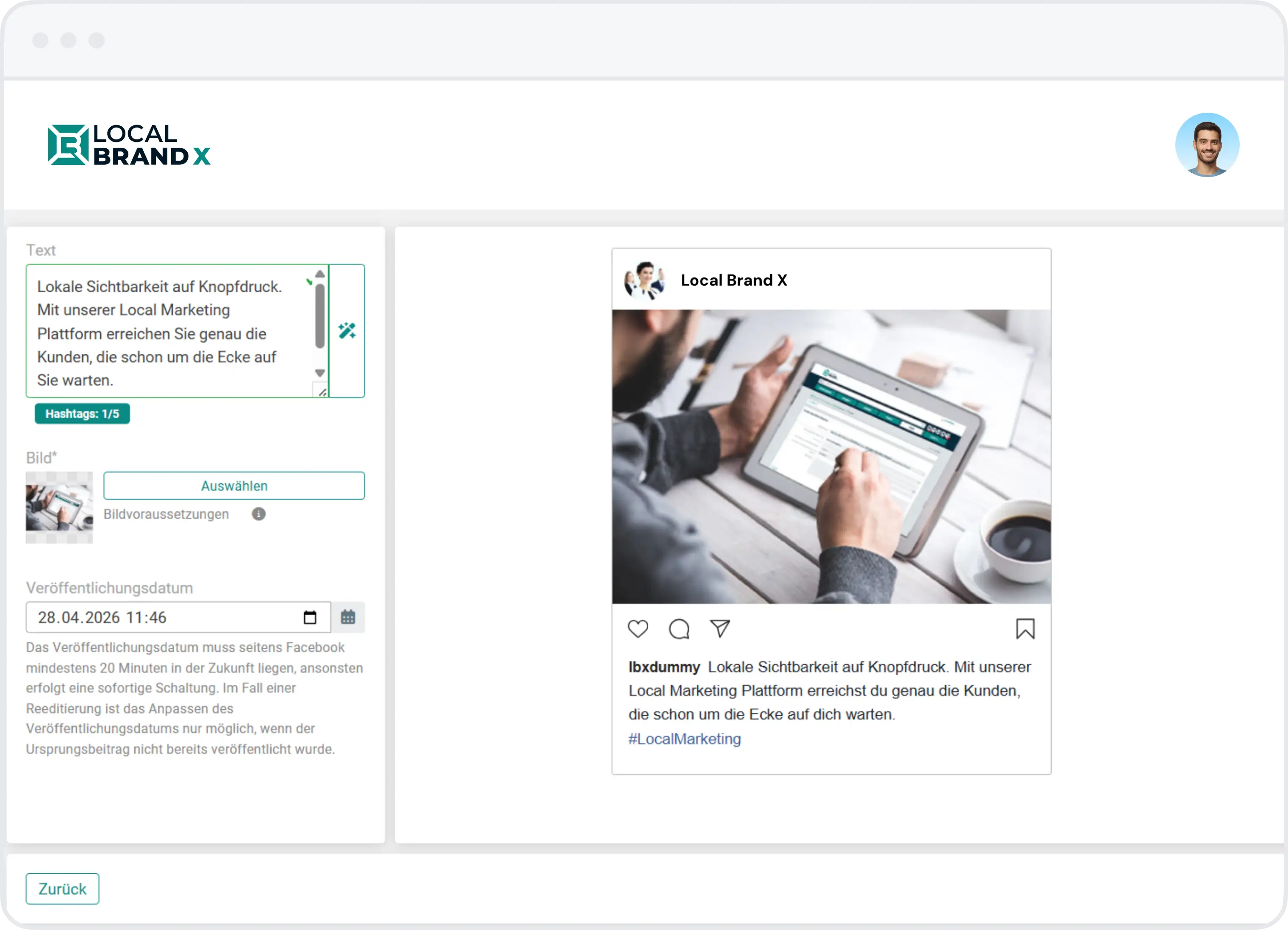Social-Media-Posting-Editor in Local Brand X mit Textfeld, Bildauswahl, Veröffentlichungsdatum und Live-Vorschau eines Instagram-Posts