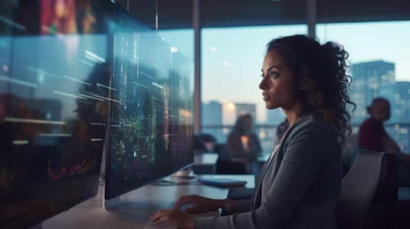 A woman at a desk with two monitors, focused on optimizing NetSuite workflows and executive benefits.