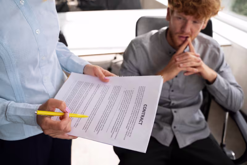 In an office, a man and woman discuss a document about "4 Contract Terms That Quietly Work Against You."