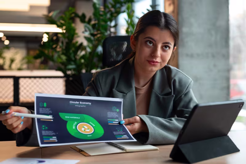 A woman examines a tablet with a green chart, highlighting strategies from "5 Proven NetSuite Optimization Models."