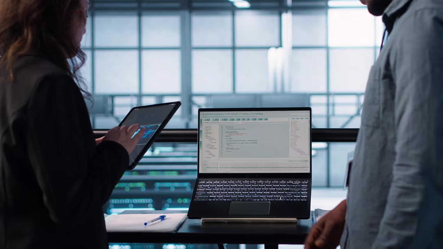 Two individuals stand by a laptop, reviewing the NetSuite 2026.1 SOAP Deprecation REST API Migration Guide together