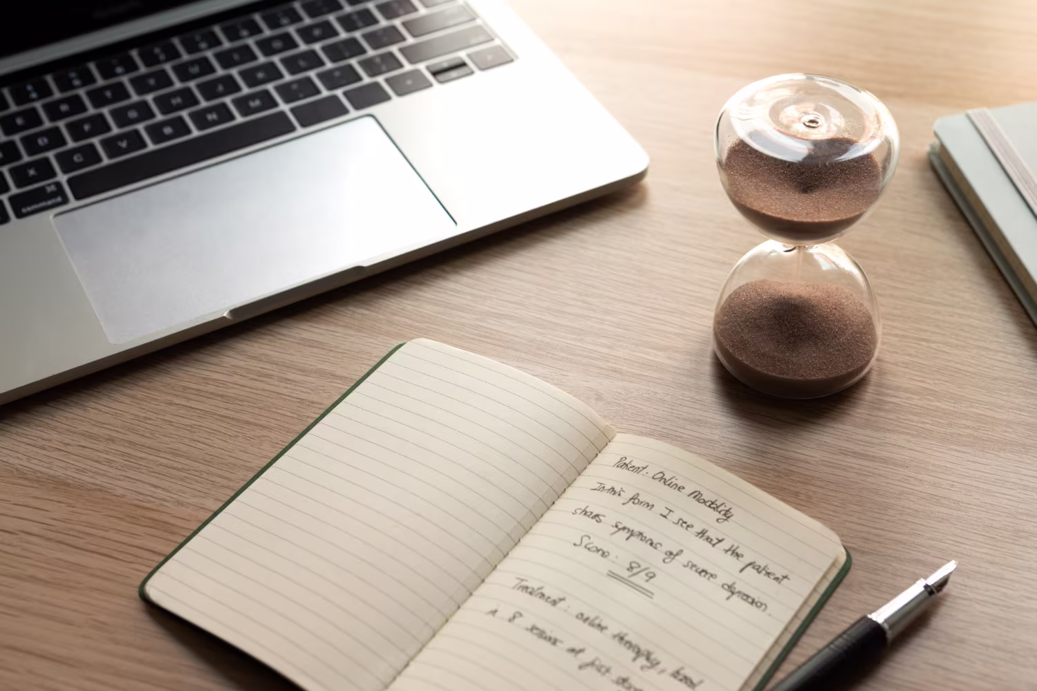 A wooden desk featuring a laptop, a notebook, and a sand timer, representing tools for managing NetSuite 2026.1 tasks.