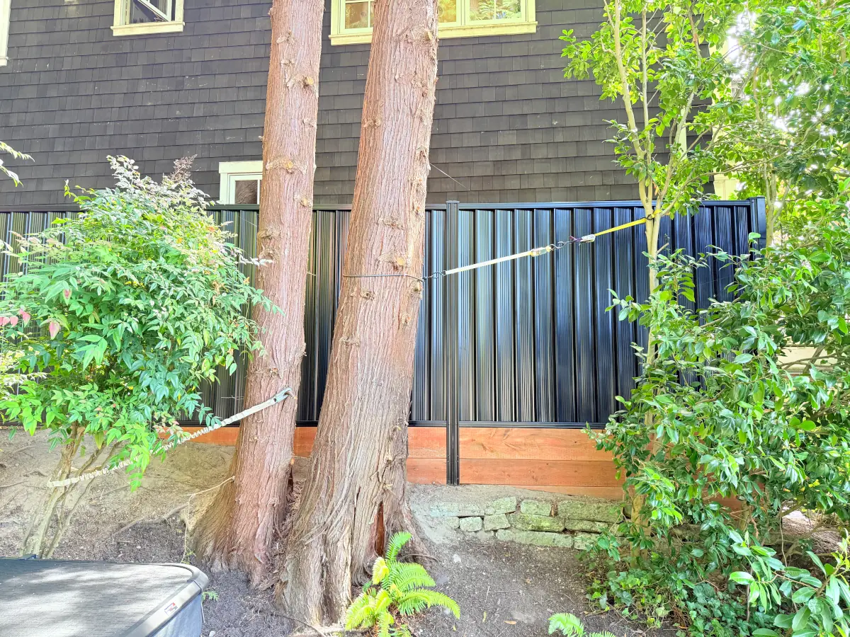 Weather-resistant ColorMax steel fencing installed beside contemporary two-story house.
