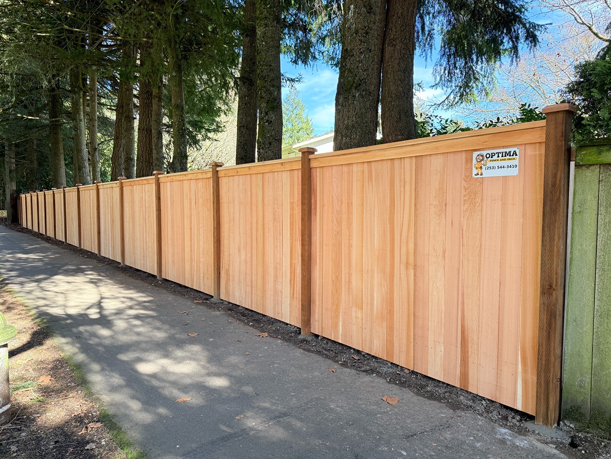  Front view of a modified full panel cedar fence along a walkway