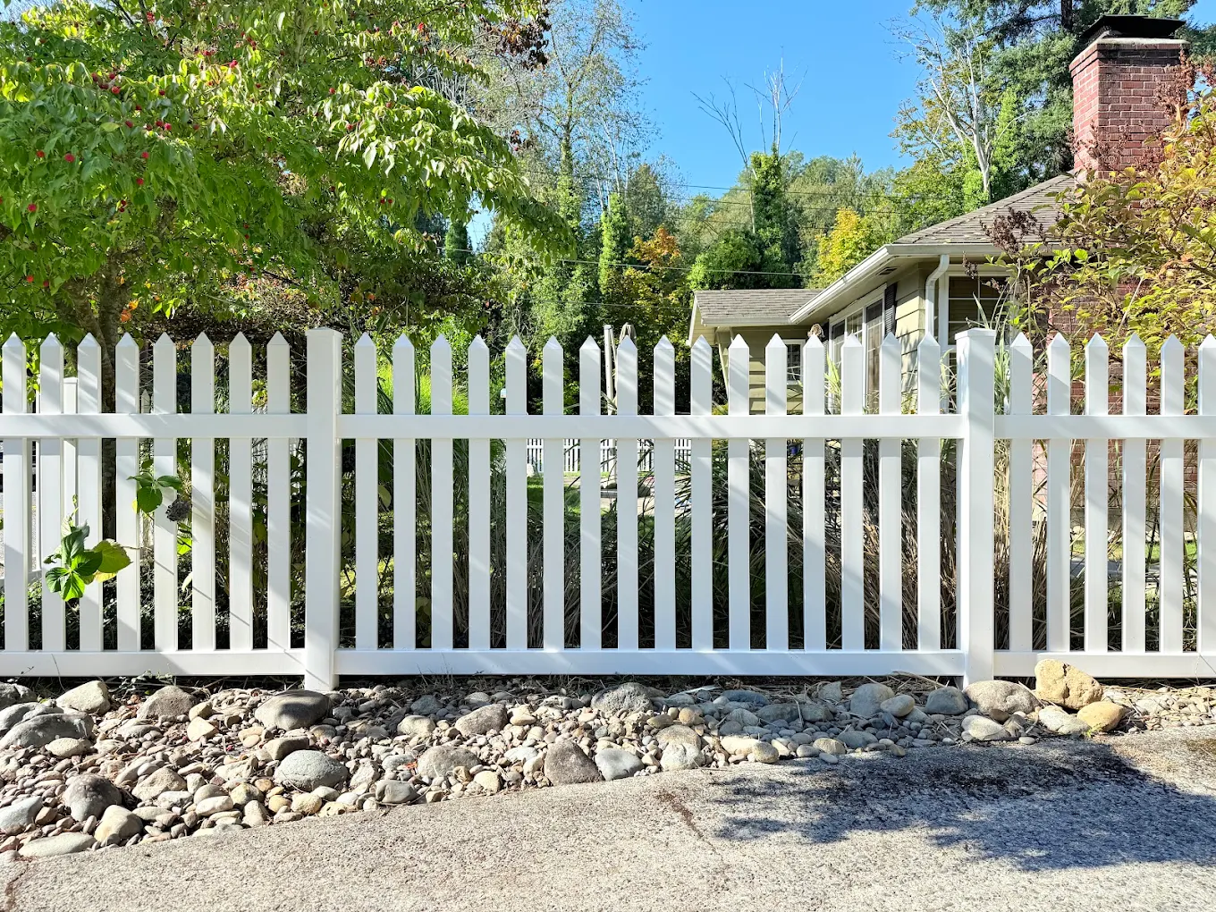 White vinyl picket fence with matching gate in a residential front yard featuring a gravel walkway and taller privacy fence in the background in Bellevue
