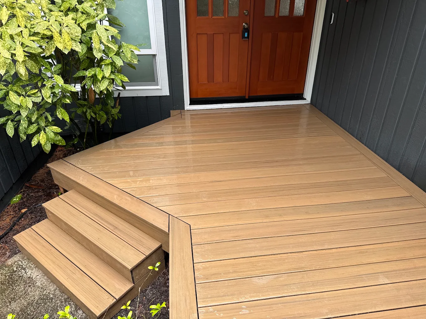 Clear water repellent wood sealer applied to deck boards near a front door in Bellevue