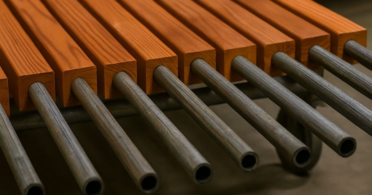 Cedar post on pipe system showing cedar fence posts with galvanized steel pipes inserted, displayed on a workshop rack