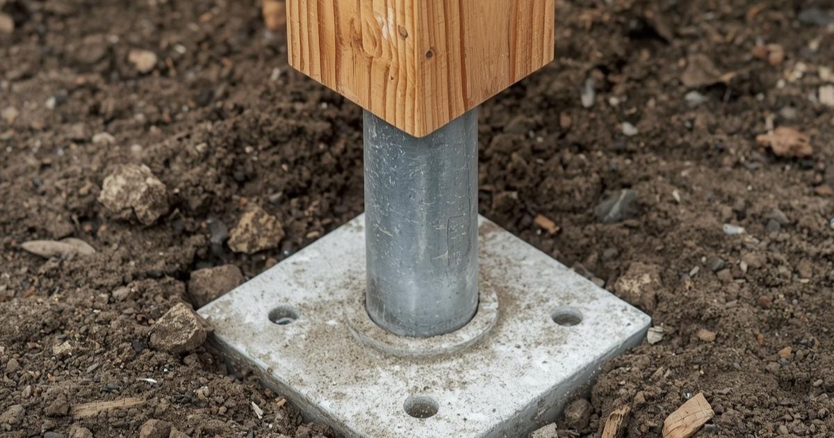 Close-up of a cedar fence post attached to a galvanized steel pipe anchored to a concrete footing in soil