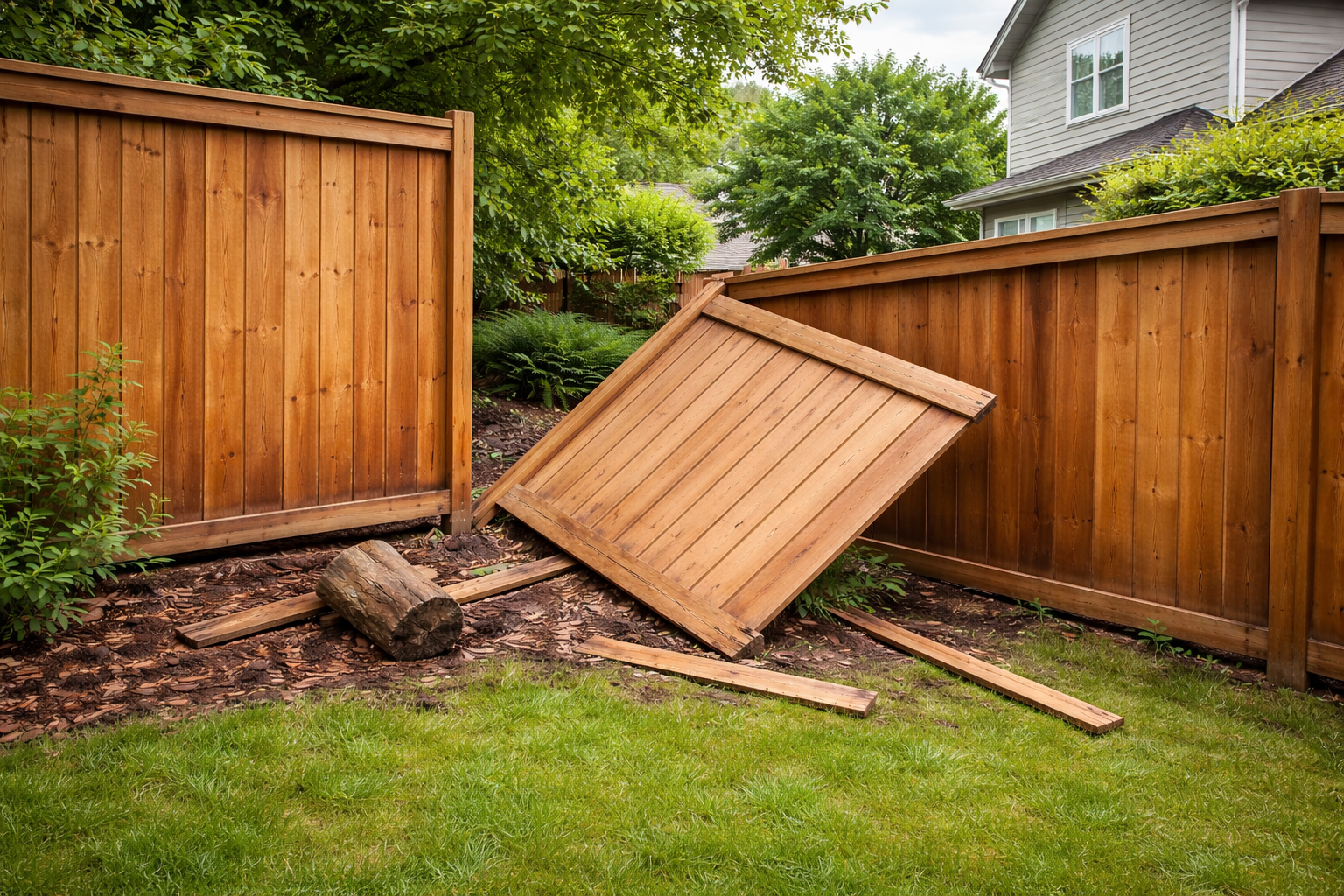 Collapsed cedar wood fence with broken panels and a damaged post in a suburban Seattle backyard needing fence repair