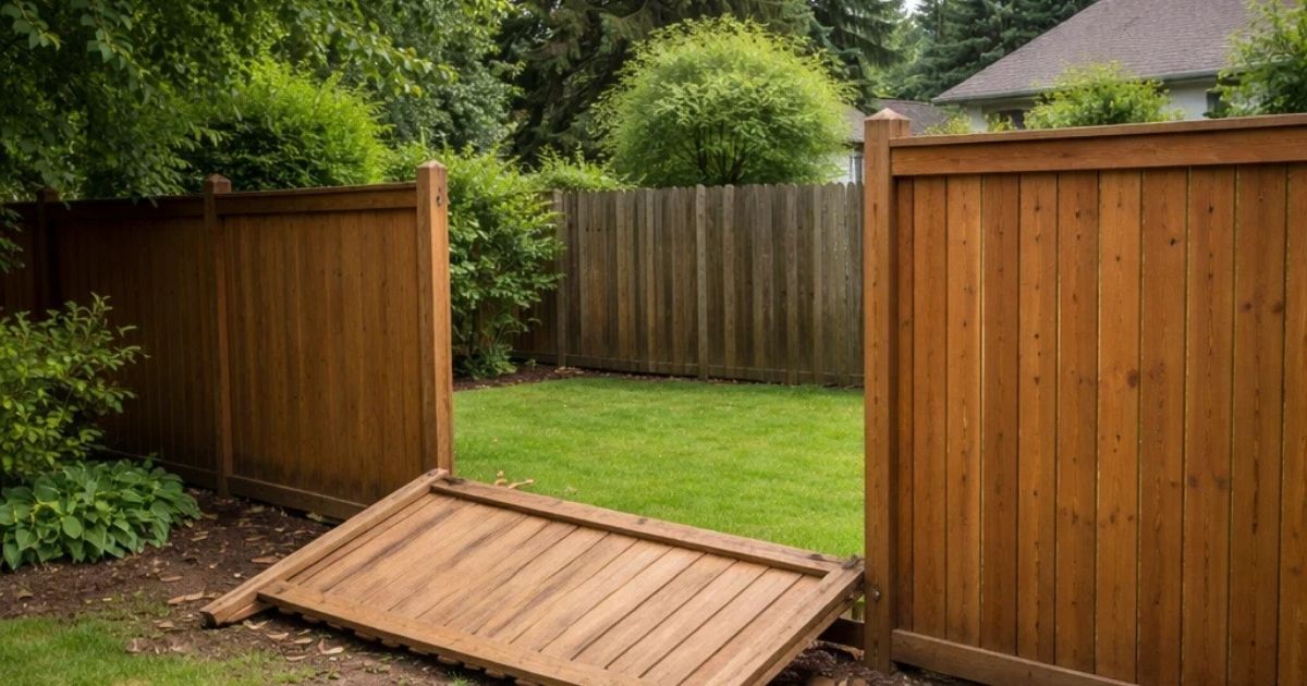 Fallen cedar wood fence panel between two standing sections in a suburban backyard needing fence repair
