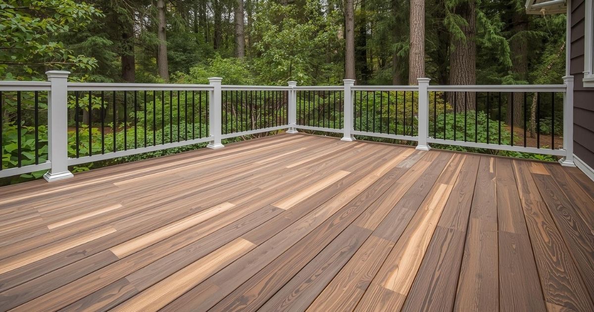 Multi tonal composite decking with natural wood-inspired color variation on a backyard deck surrounded by trees
