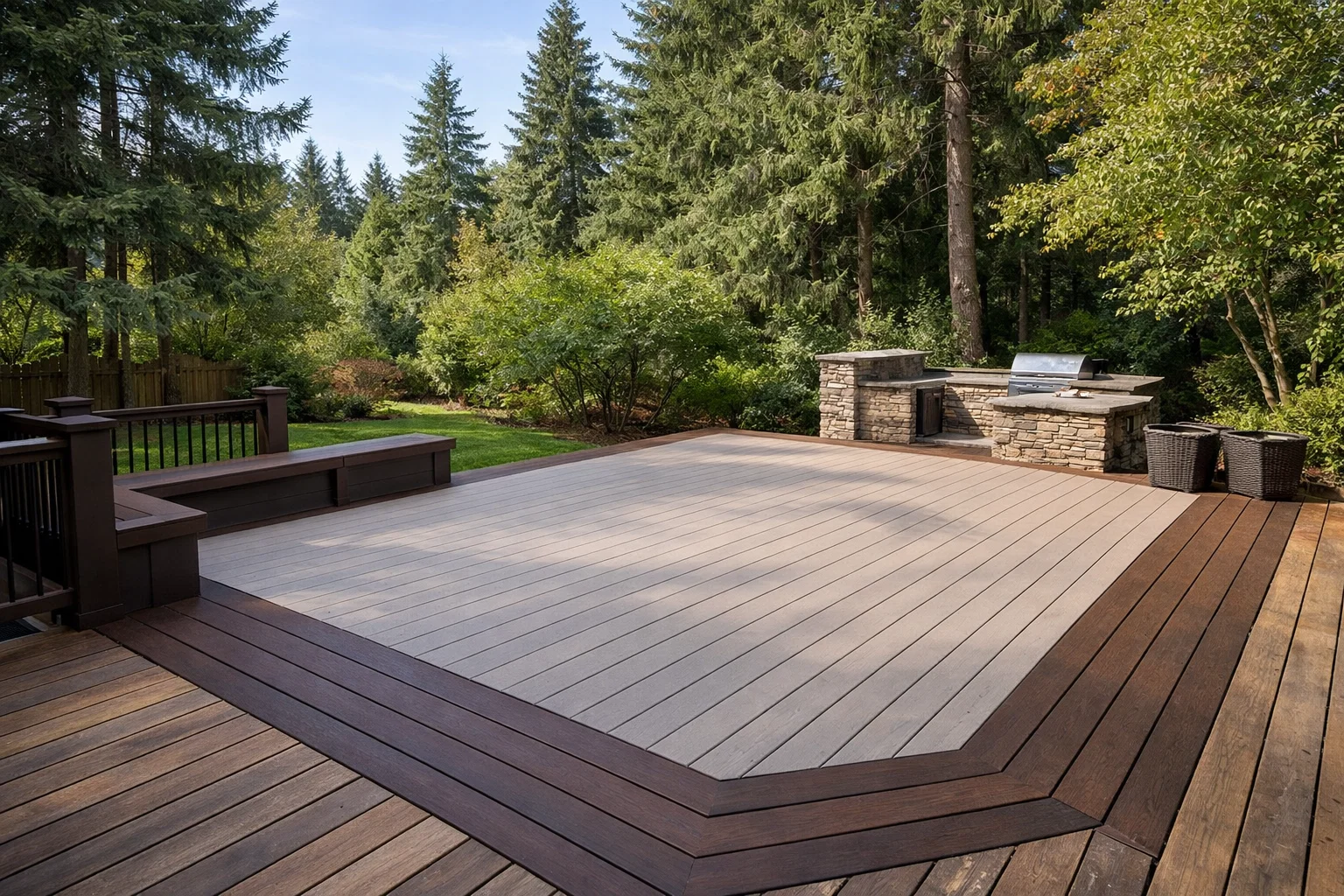 Two-tone composite decking with light grey deck boards and dark brown border on a modern backyard deck surrounded by trees