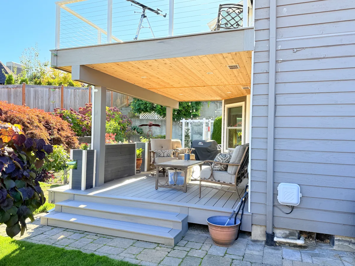 Covered patio beneath the upper deck.