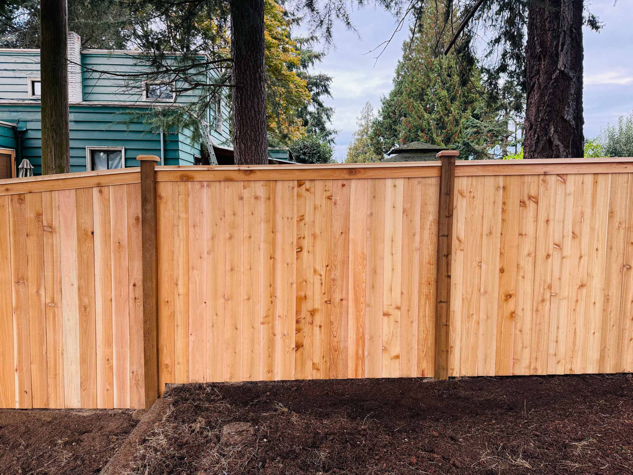 Wood fence surrounding a residential backyard
