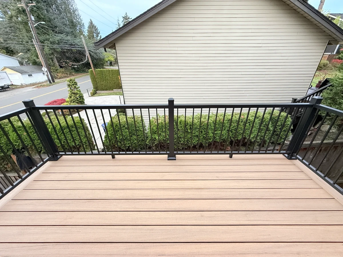 Waterproofed elevated deck in Kirkland WA with Trex RainEscape system protecting storage space below