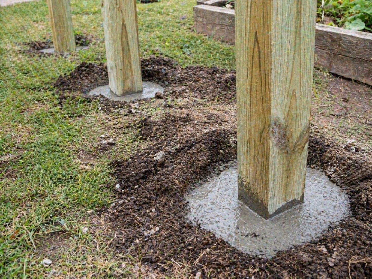 Wooden fence posts set in fresh concrete footings in a grassy yard during fence installation.