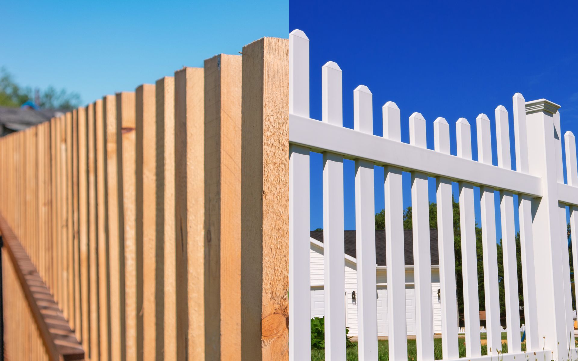 Wood vs vinyl fence comparison showing a natural wood privacy fence beside a white vinyl picket fence under a clear blue sky