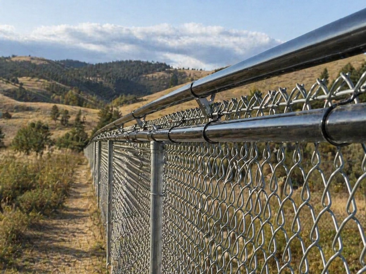 Close-up of a chain-link fence with coyote rollers installed along the top rail in a dry rural landscape
