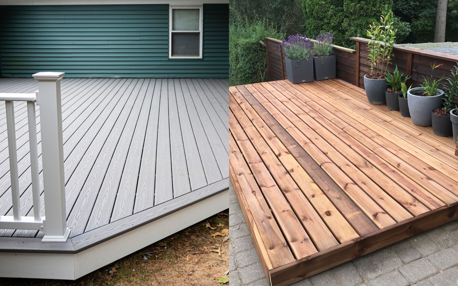 Composite decking vs wood comparison showing a gray composite deck beside a natural wood deck with planters