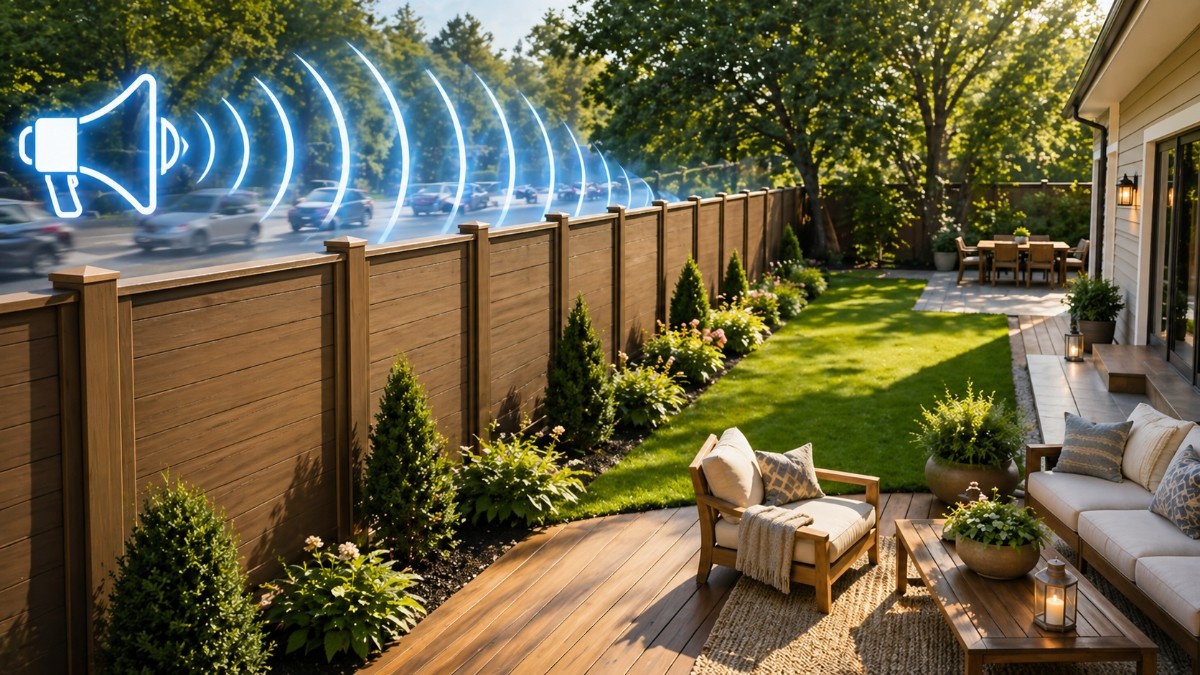 Backyard with a tall wood privacy fence blocking road noise from nearby traffic, with sound waves and a megaphone icon behind the fence