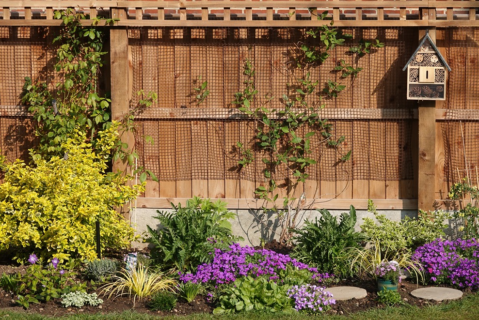 A beautifully stained cedar fence bordering a landscaped garde