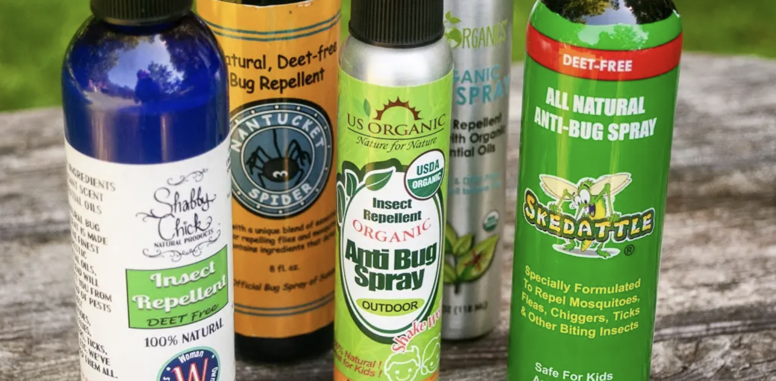 alt text: Warning symbols over mosquito products containing citronella, tea tree oil, etc.